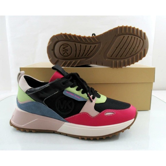 Michael Kors Theo Trainer Lace Up Sneakers Mk Logo Black Leather - Picture 11 of 11